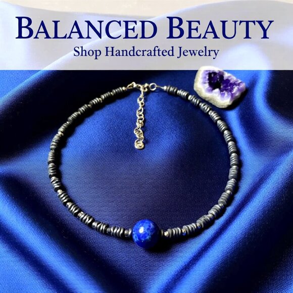 Lapis Lazuli & Hematite! Wear as a Choker or Wrap Bracelet! 15.5" + 3" Extender - Picture 5 of 13